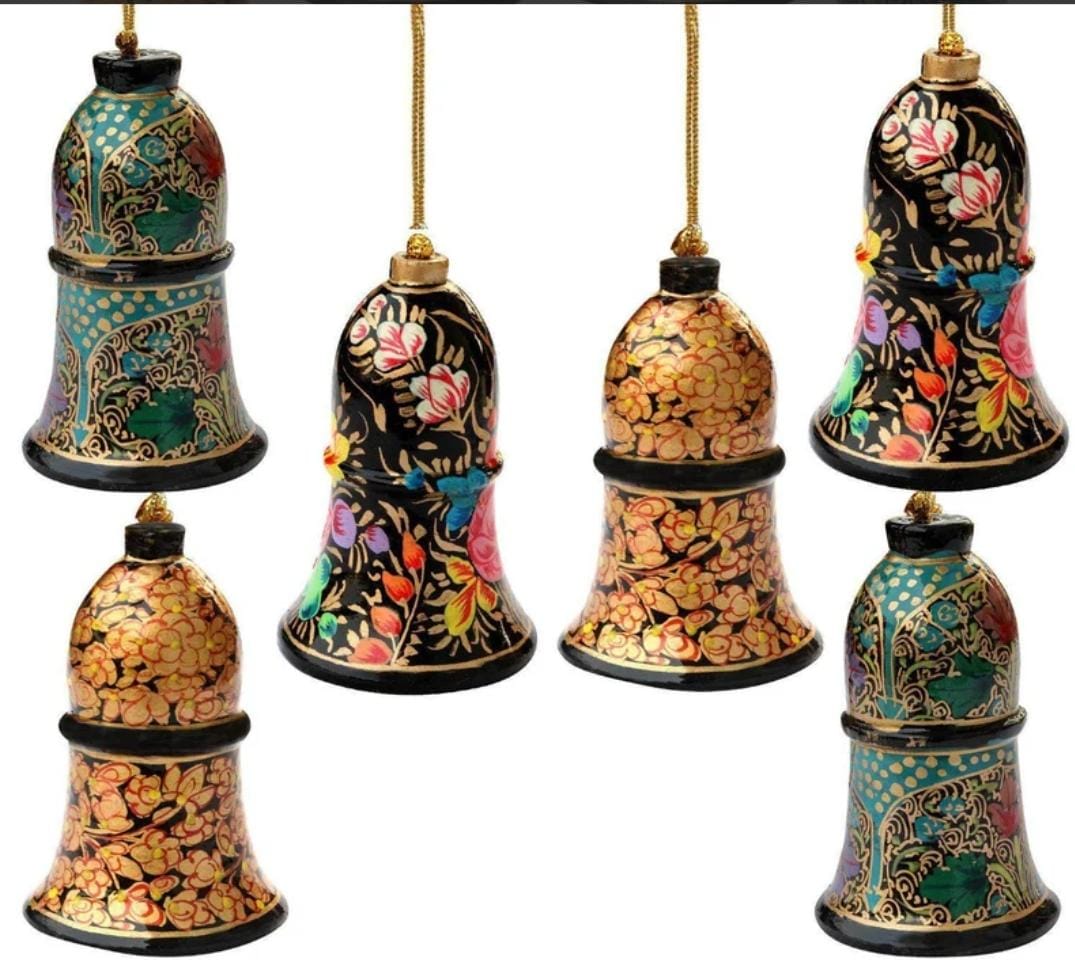 Set of Hanging Christmas Bells, Hand painted bells, Handmade Christmas ornaments, Handmade Christmas Bells, Paper mache hanging ornaments